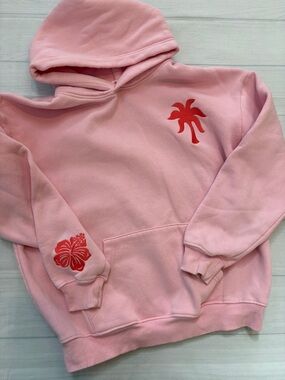 Pink Palm Puff Hooded Sweatshirt with Coral Palm & Hibiscus Embroidery